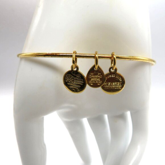 Alex Ani Bracelet Gold Tone Bangle Puffer Fish USA Charms Adjustable - Picture 3 of 11